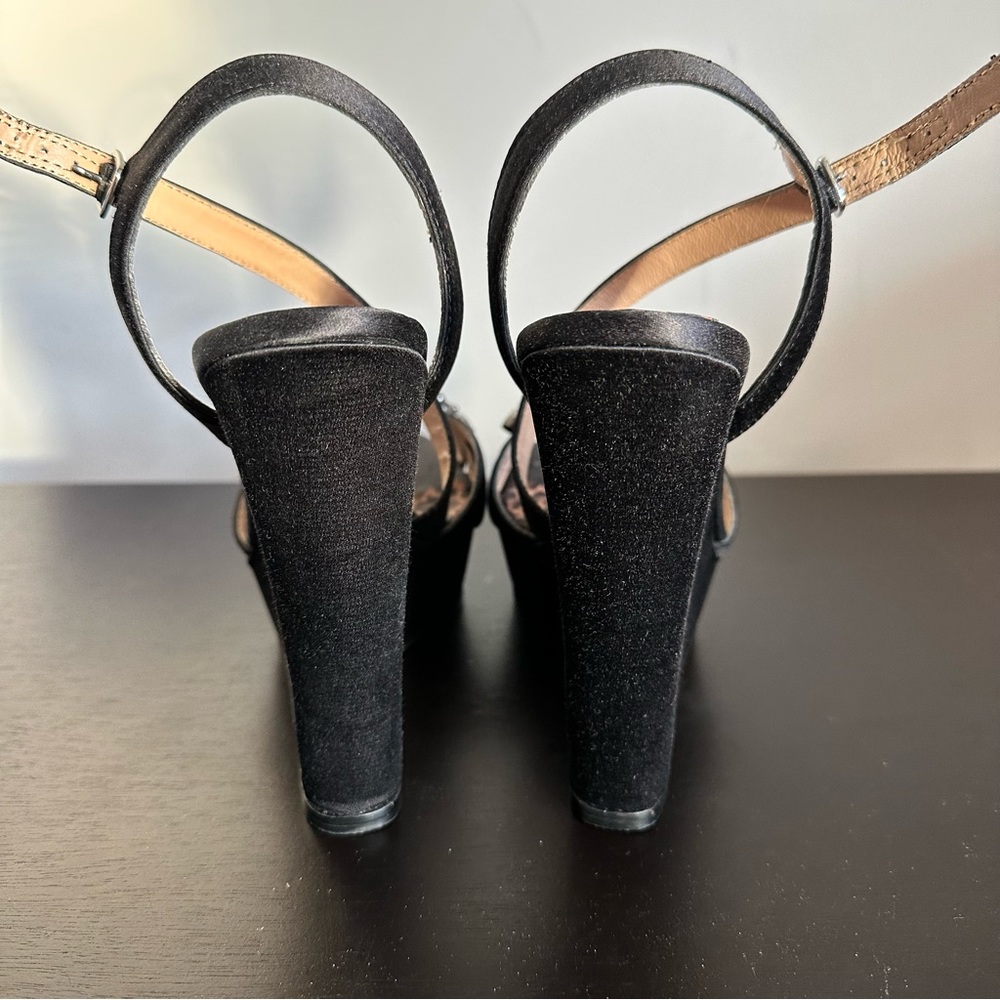 Betsey Johnson Black Satin Wedge Platform Sandals - Picture 4 of 7
